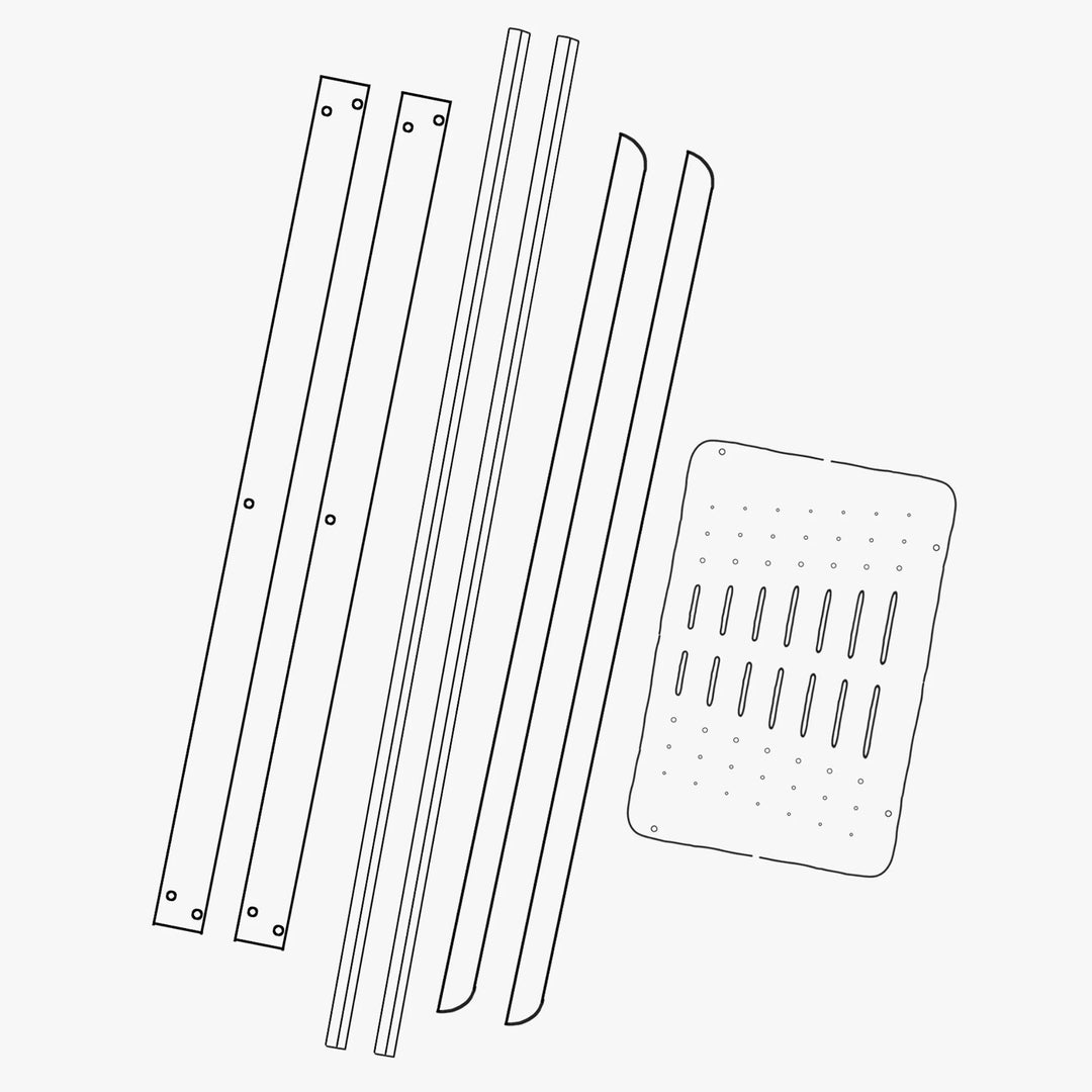 Technical drawing of Gaia Baby Hera junior bed extension parts, including side rails, support slats and extension panel components for assembly.