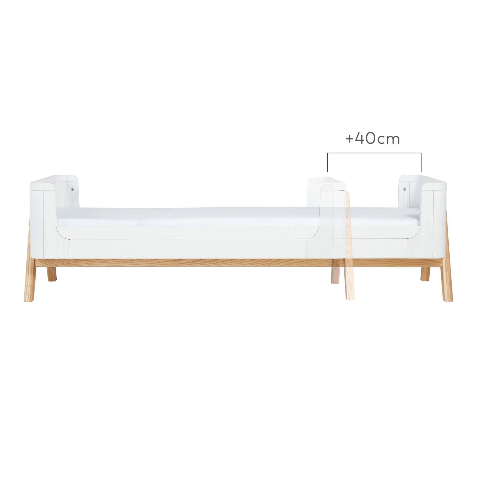 Hera Junior Bed Extension in Scandi White and Natural showing that this is a 40cm extension piece to Hera First Bed