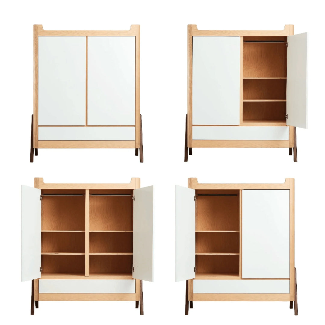Gaia Baby Hera wardrobe in Natural Ash and Walnut shown in four configuration views, including closed doors, single-door open, double-door open and full interior shelving and hanging layout for nursery storage.