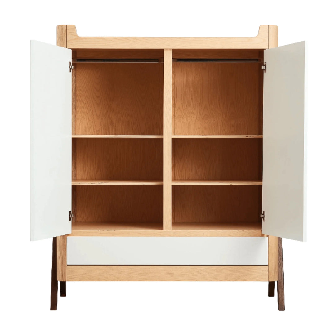 Gaia Baby Hera wardrobe in Natural Ash and Walnut shown fully open, featuring dual hanging rails and multiple adjustable oak shelves for spacious nursery clothing and accessory storage.