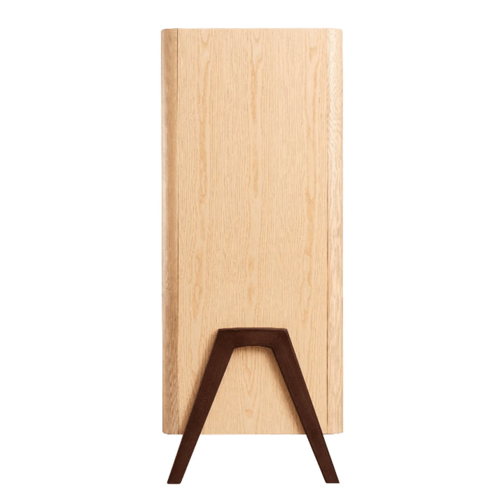 Side view of the Gaia Baby Hera wardrobe in Natural Ash and Walnut, showcasing solid ash wood panels and contrasting walnut A-frame legs in a modern Scandinavian design.”