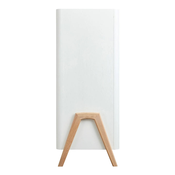 Back view of Gaia Baby Hera wardrobe in Scandi white with natural wood A-frame legs, minimalist Scandinavian nursery furniture design.