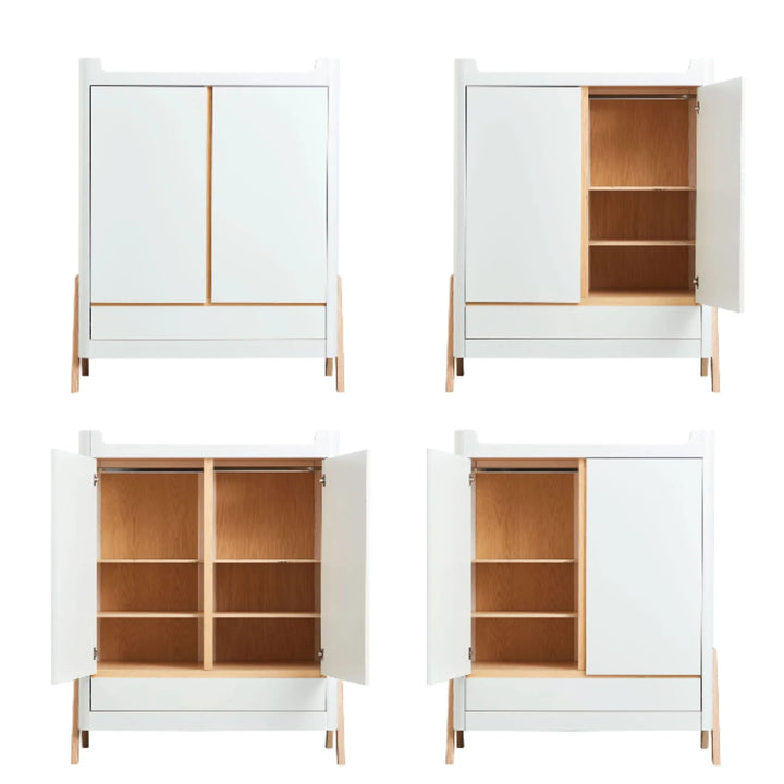 Gaia Baby Hera wardrobe in Scandi white and natural wood shown in four configuration views, including closed doors, single-door open, double-door open and full interior shelving and hanging space layout.