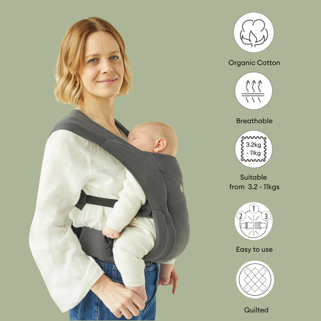 on the left is a mother wearing her sleeping baby and there are five icons representing the features of the carrier. Organic cotton, breathable, suitable from 3.2 to 11kg, easy to use and quilted.