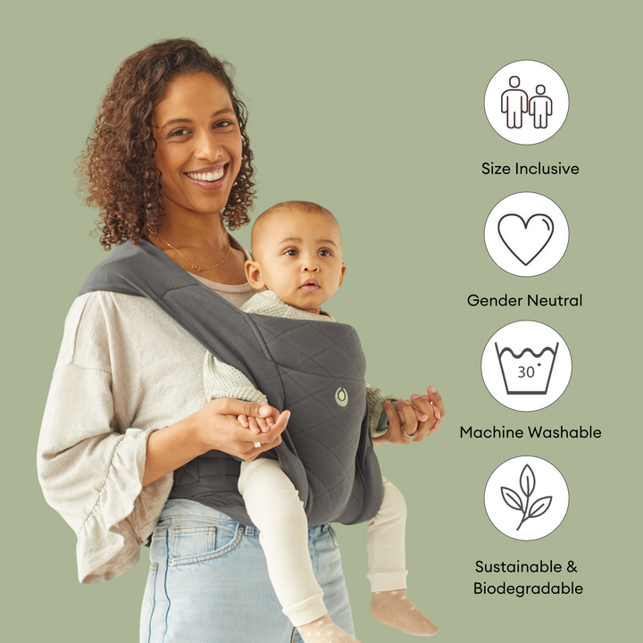 on the left is a mother wearing her sleeping baby and there are five icons representing the features of the carrier: size inclusive, gender neutral, machine washable and sustainable and biodegradable.