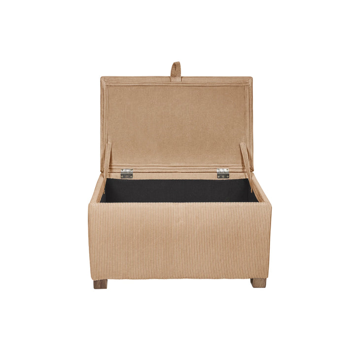 The Gaia Baby Serena Footstool in caramel corduroy fabric shown with the lid open, revealing hidden internal storage space, designed to complement the Serena rocking chair collection on a clean white background.
