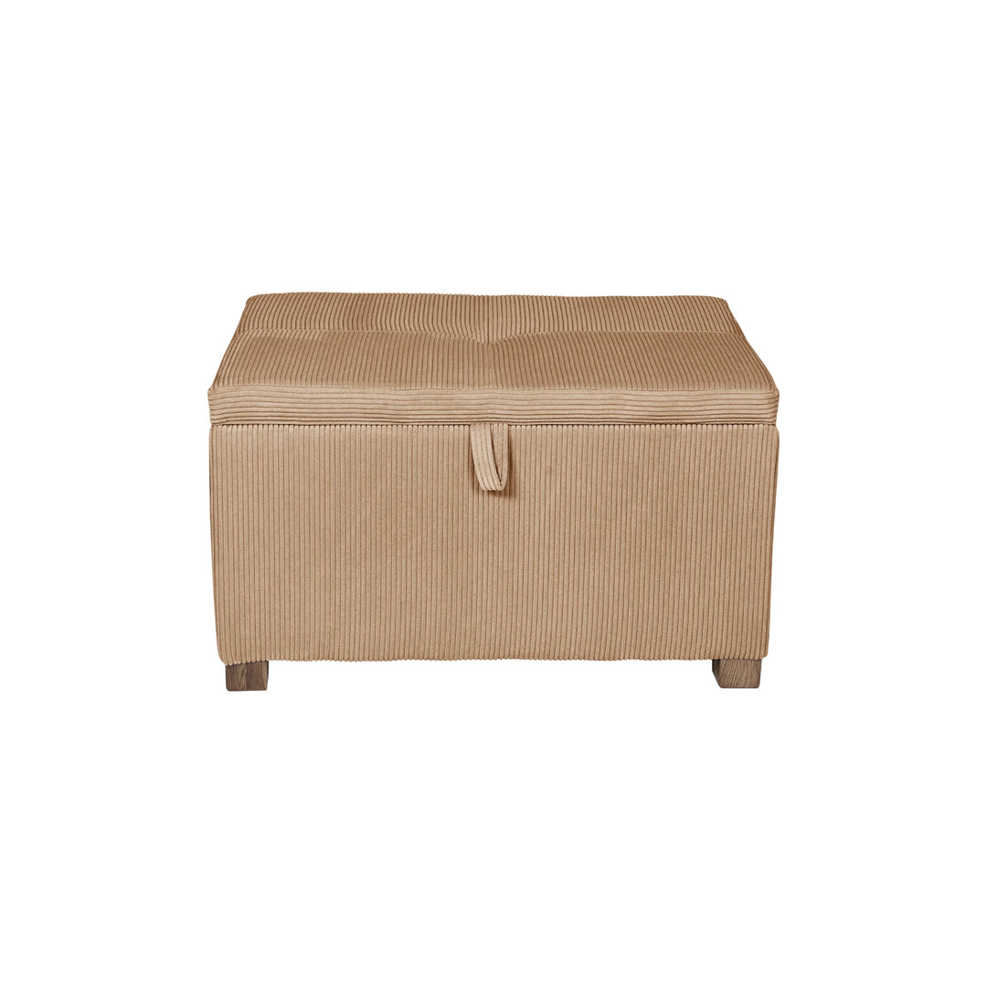 The Serena storage footstool in warm caramel corduroy fabric with wooden feet, featuring a padded lift-up lid and hidden storage compartment, photographed front-facing on a clean white background for a cosy and contemporary nursery or living space.