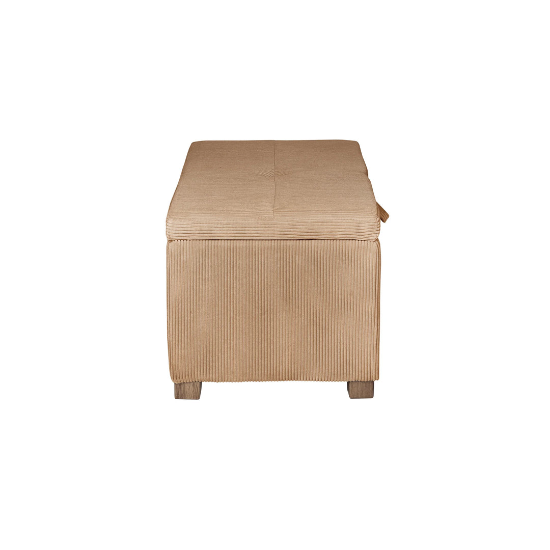 The Gaia Baby Serena Footstool in caramel corduroy fabric shown from the side on a white background, featuring a compact upholstered storage ottoman design with wooden feet and textured corduroy finish.