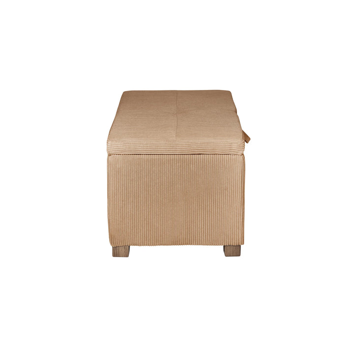 The Gaia Baby Serena Footstool in caramel corduroy fabric shown from the side on a white background, featuring a compact upholstered storage ottoman design with wooden feet and textured corduroy finish.