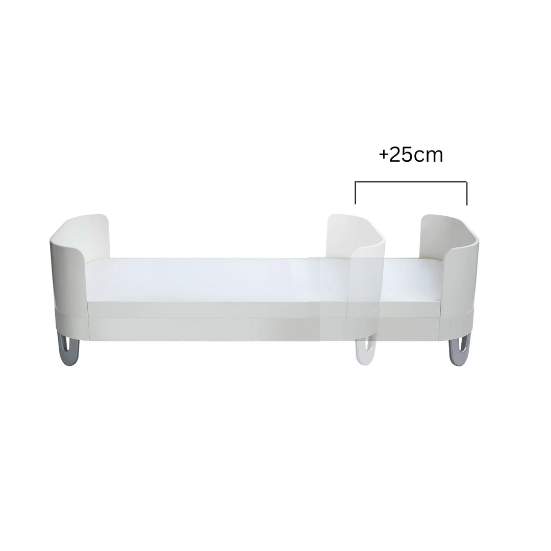 Gaia Baby Serena Junior Bed Extension for Serena Cot Bed in all-white finish, showing +25cm length increase to convert the cot into an extended junior bed.