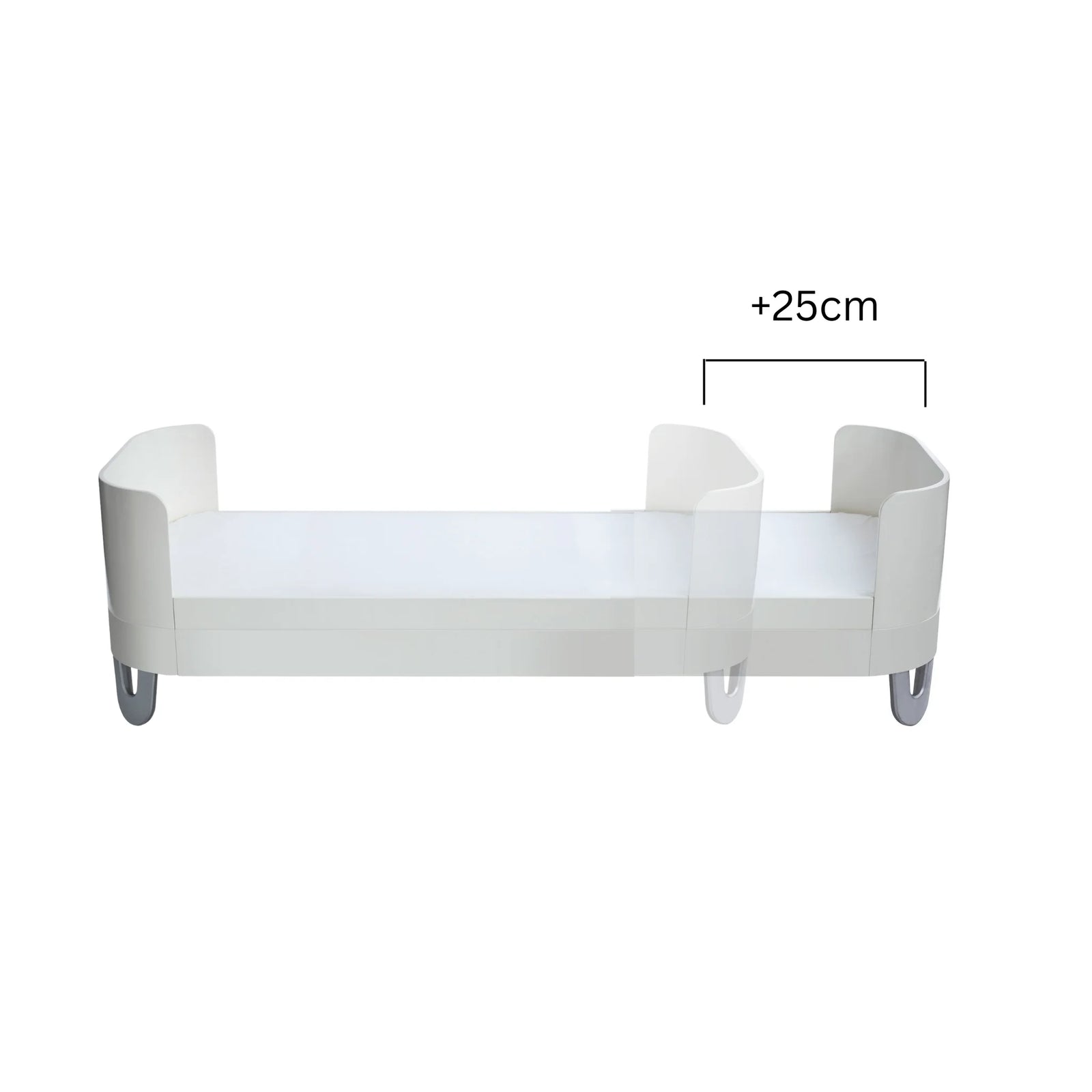 Gaia Baby Serena Junior Bed Extension for Serena Cot Bed in all-white finish, showing +25cm length increase to convert the cot into an extended junior bed.