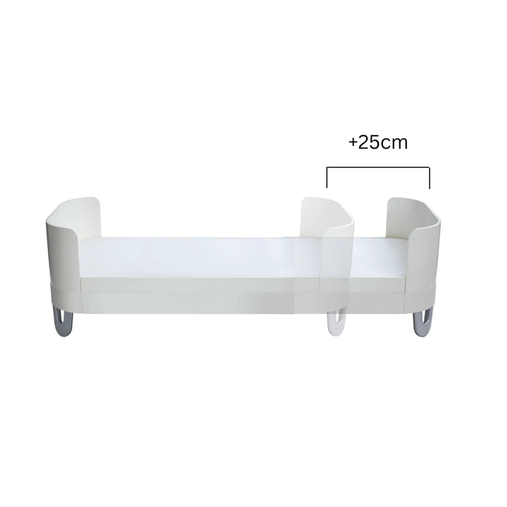 Gaia Baby Serena Junior Bed Extension for Serena Cot Bed in all-white finish, showing +25cm length increase to convert the cot into an extended junior bed.