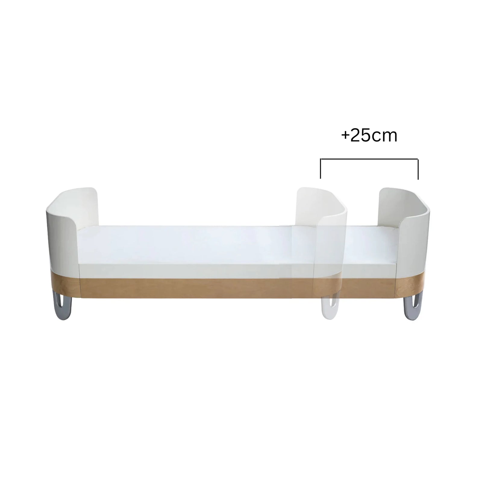 Gaia Baby Serena Junior Bed Extension for Serena Cot Bed in white with natural wood trim, showing +25cm length increase to convert the cot into an extended junior bed.