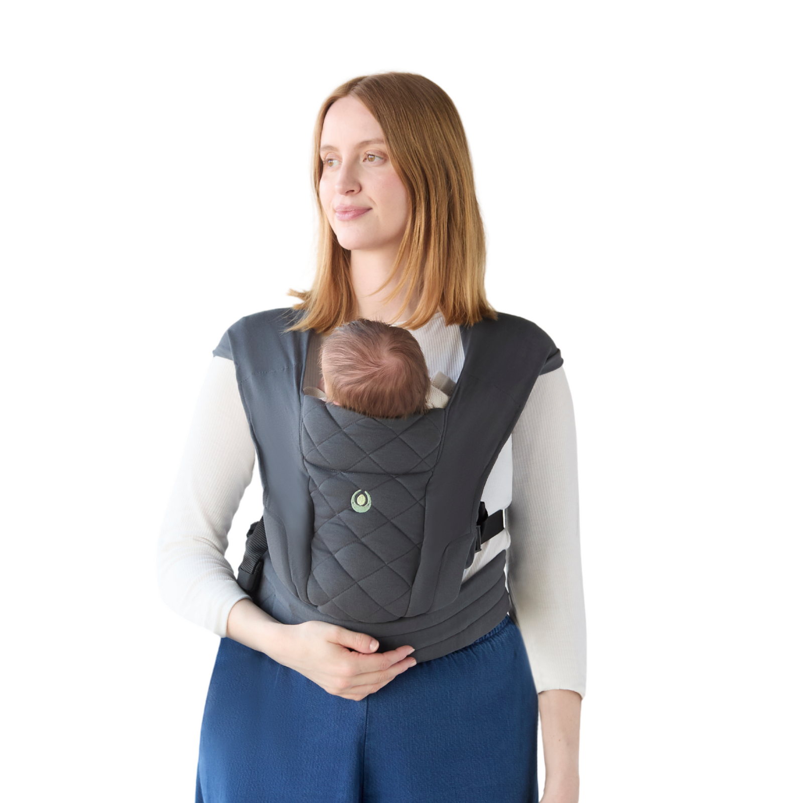 Mother wearing ClevaMama Baby Carrier with newborn – ergonomic soft structured carrier with quilted design, breathable fabric, and secure support for comfortable hands-free babywearing, ideal for infants and parents on the go.