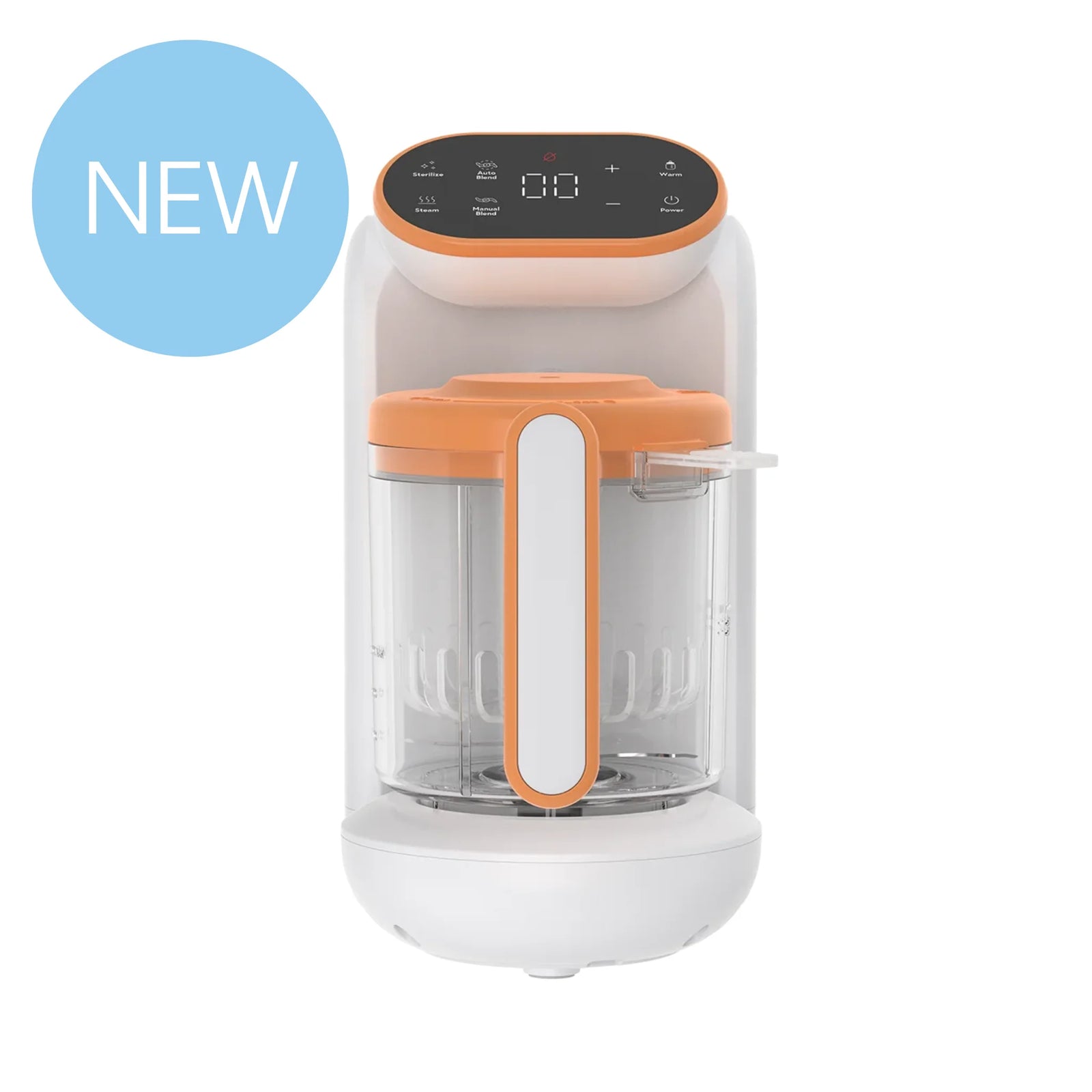 “Quook by Quark 5-in-1 baby food maker — new multifunctional baby food processor with digital control panel for steaming, blending, warming and sterilising homemade baby meals in modern white and orange design.