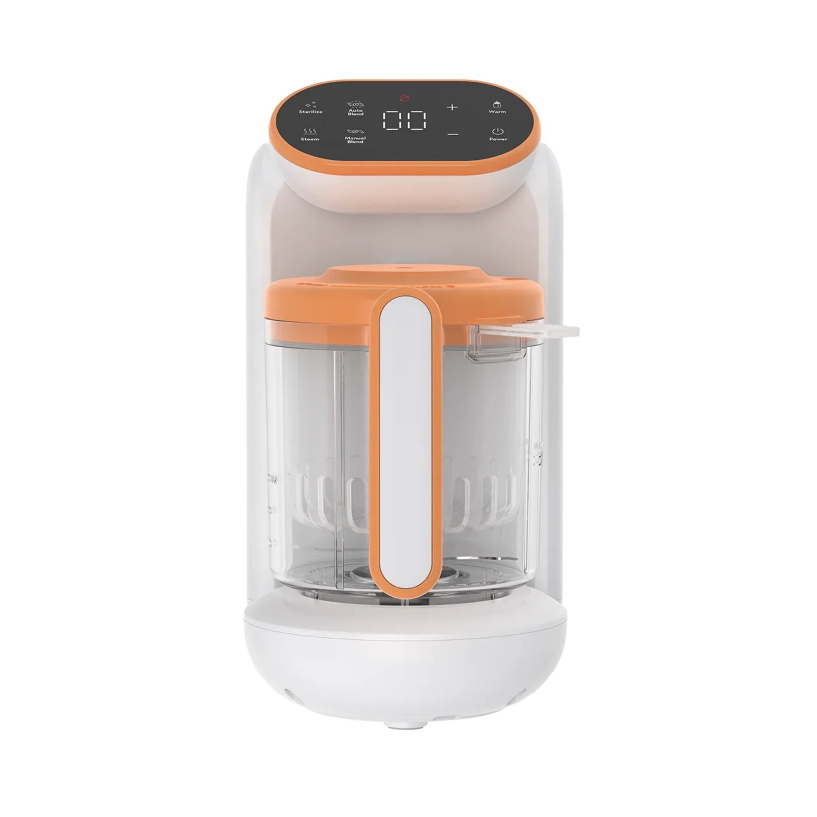 5-in-1 baby food maker, with digital touch control, blending, steaming, warming and sterilising features in sleek white and orange design on white background.