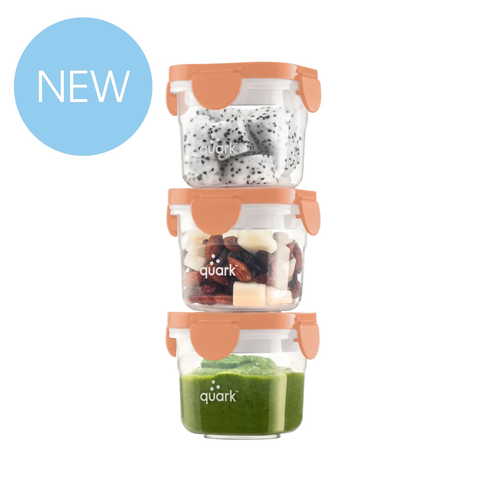 NEW Storri stackable food storage containers by Quark Baby — BPA-free, airtight glass jars with silicone lids for baby food, snacks, and meal prep.