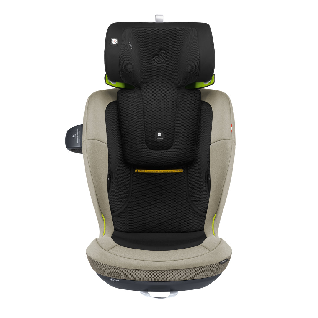 Swandoo Charlie i-Size child booster seat with extended adjustable headrest in Blissful Beige and black.