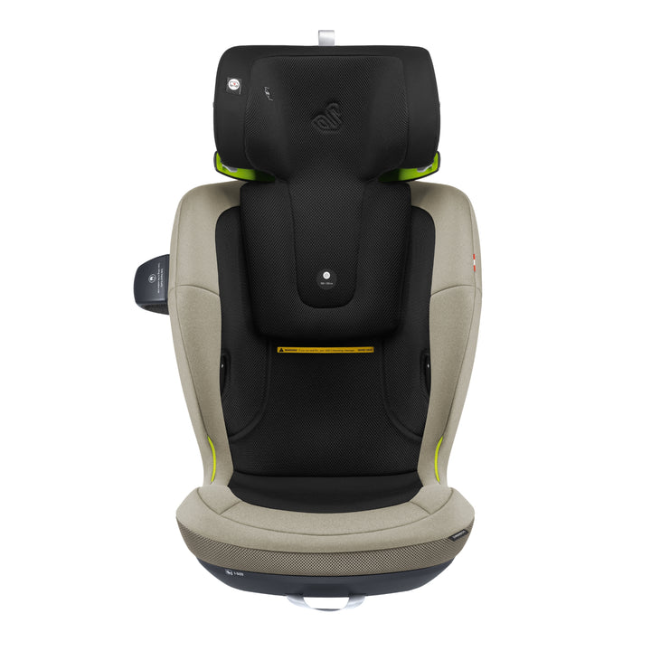 Swandoo Charlie i-Size child booster seat with extended adjustable headrest in Blissful Beige and black.