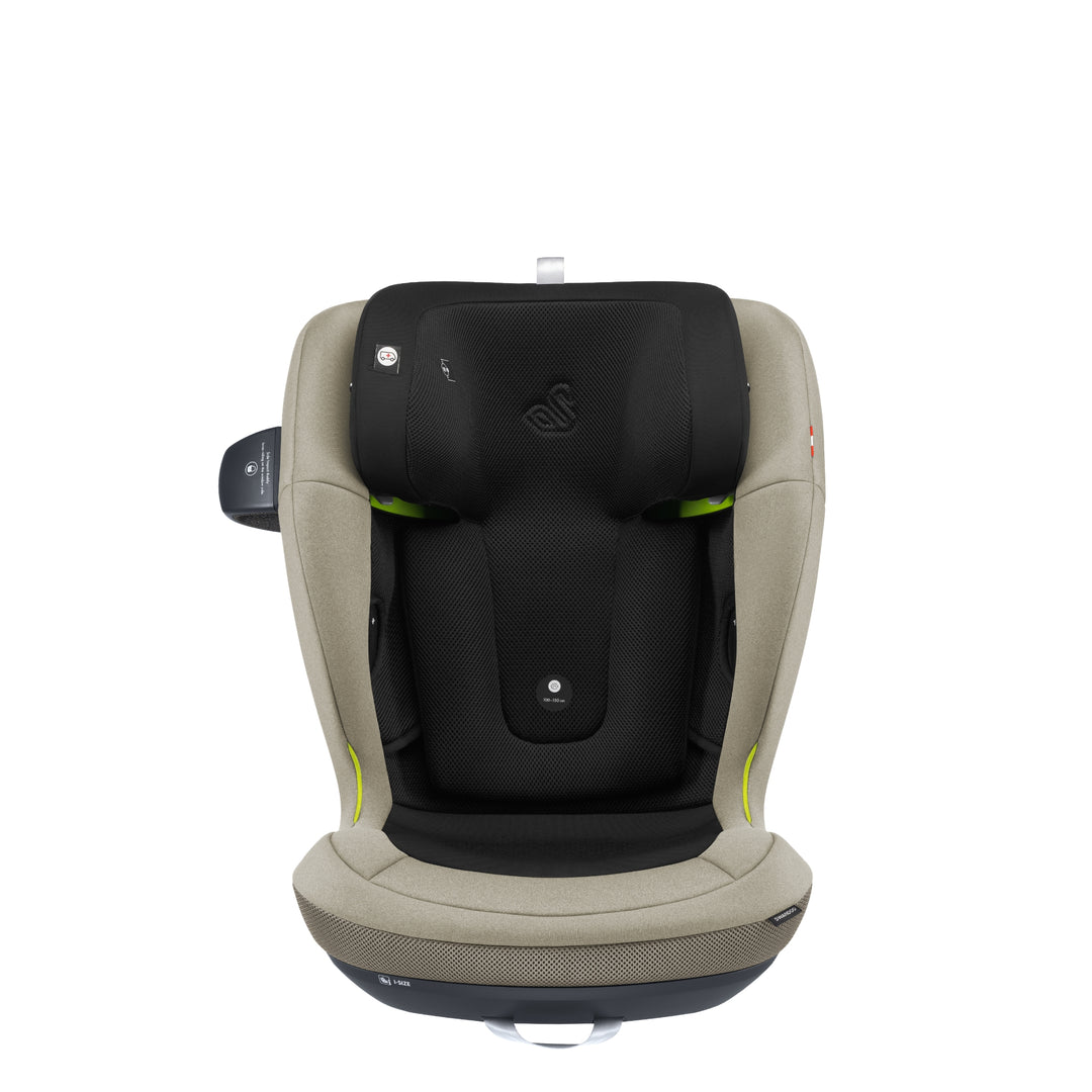 Front view of Swandoo Charlie i-Size child booster seat in Blissful Beige with ergonomic safety design and padded support.
