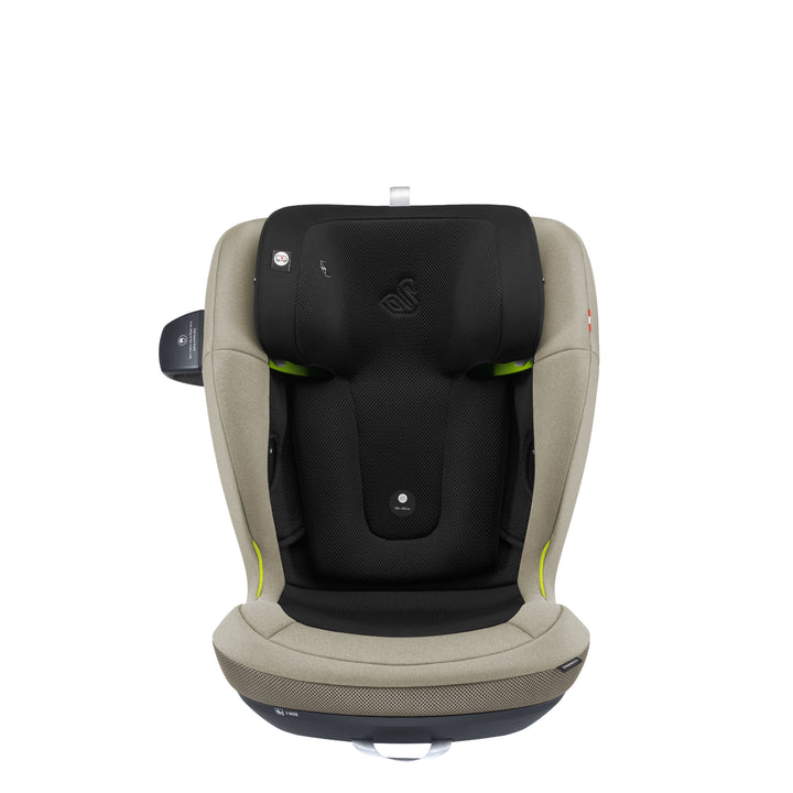 Front view of Swandoo Charlie i-Size child booster seat in Blissful Beige with ergonomic safety design and padded support.