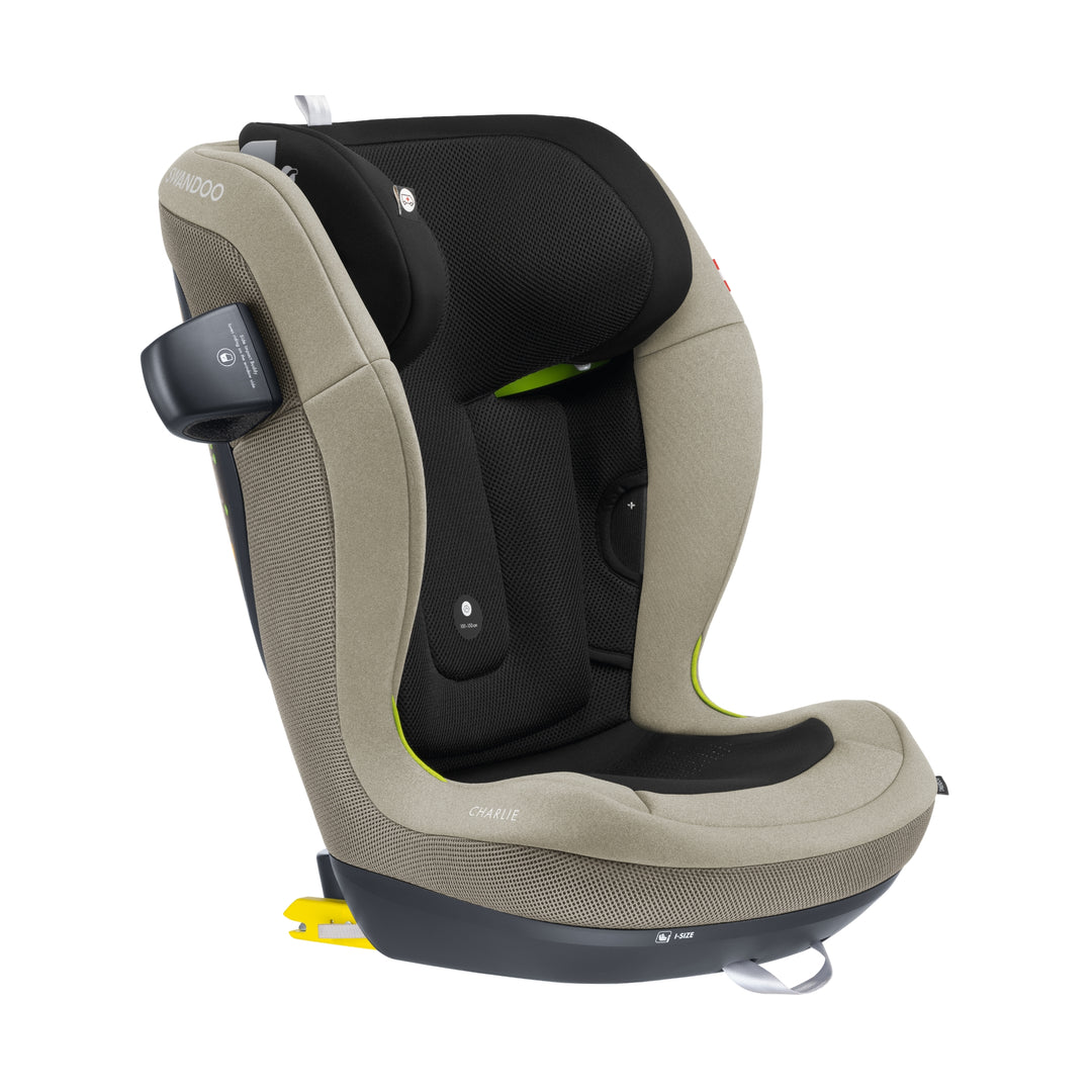 Swandoo Charlie i-Size child booster seat in Blissful Beige featuring advanced safety technology and adjustable comfort support.