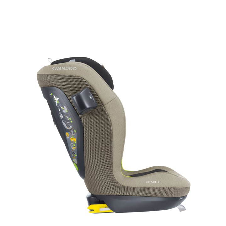 Side profile of Swandoo Charlie i-Size child booster seat in Blissful Beige featuring integrated ISOFIX safety technology.