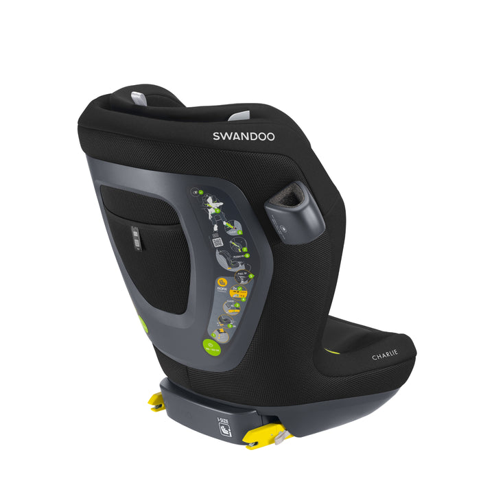 Angled view of Swandoo Charlie i-Size child booster seat in Bold Black featuring ergonomic design and ISOFIX installation.