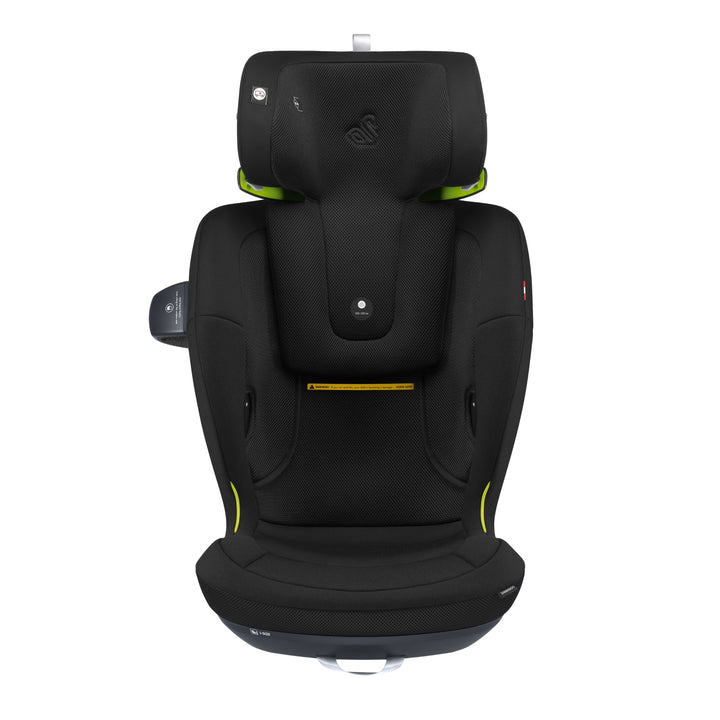Swandoo Charlie i-Size child booster seat with extended adjustable headrest in Bold Black and ergonomic safety design.