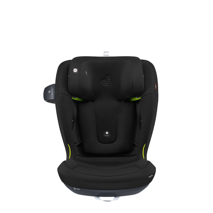 Front view of Swandoo Charlie i-Size child booster seat in Bold Black with ergonomic safety design and padded support.