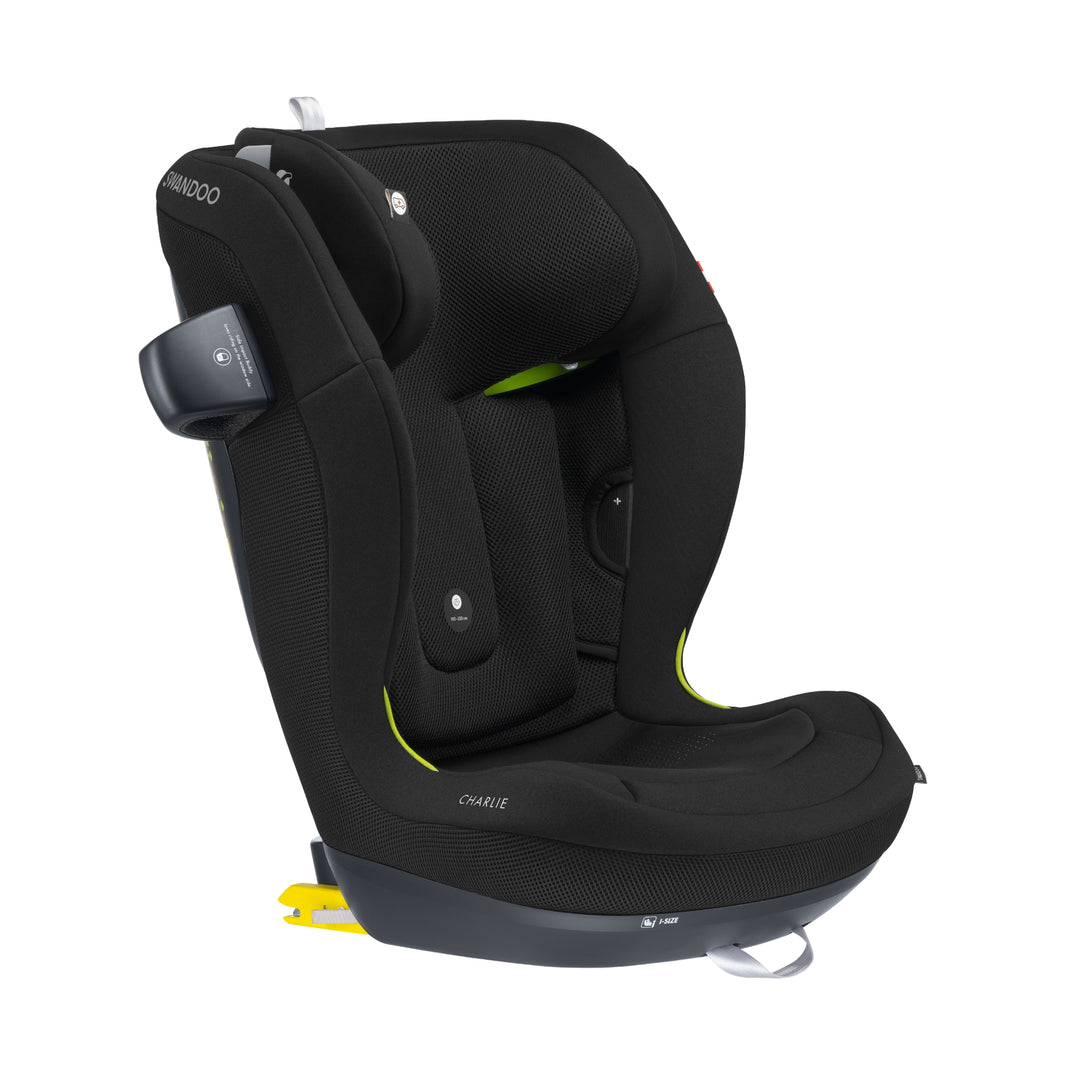 Swandoo Charlie i-Size child booster seat in Bold Black featuring advanced safety technology and adjustable comfort support.