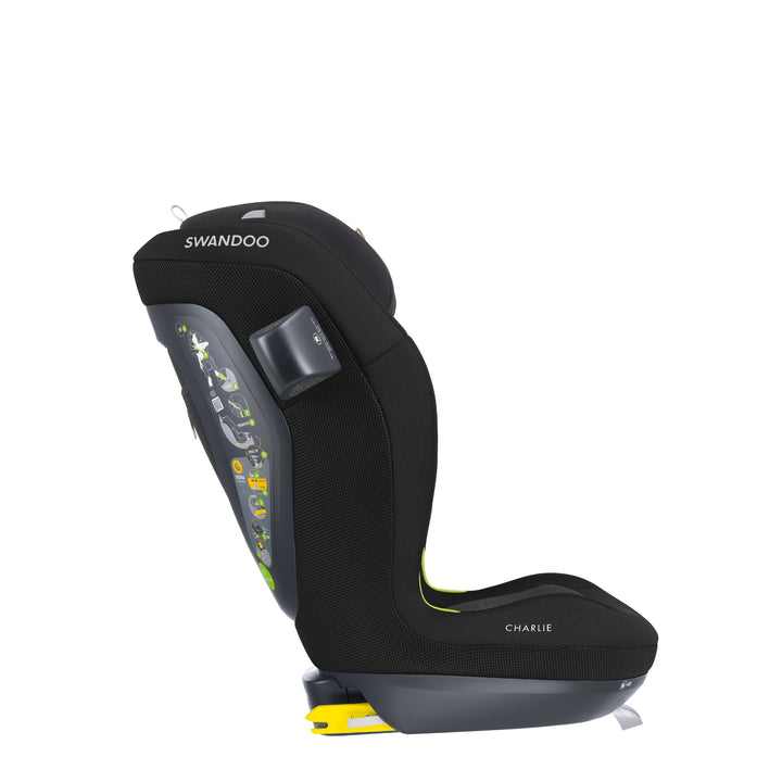 Side profile of Swandoo Charlie i-Size child booster seat in Bold Black featuring integrated ISOFIX safety technology.