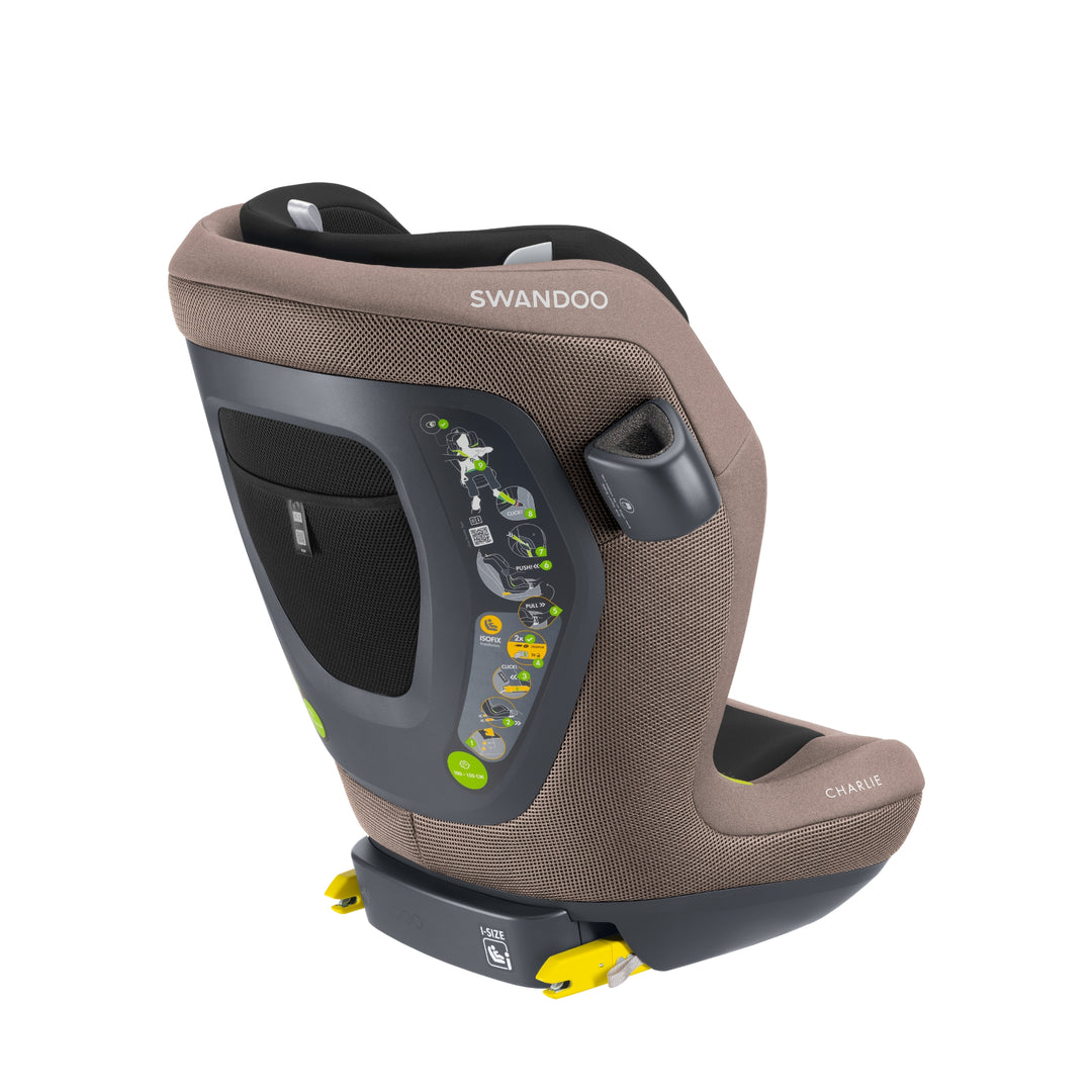 Angled view of Swandoo Charlie i-Size child booster seat in Brilliant Brown featuring ergonomic design and ISOFIX installation.