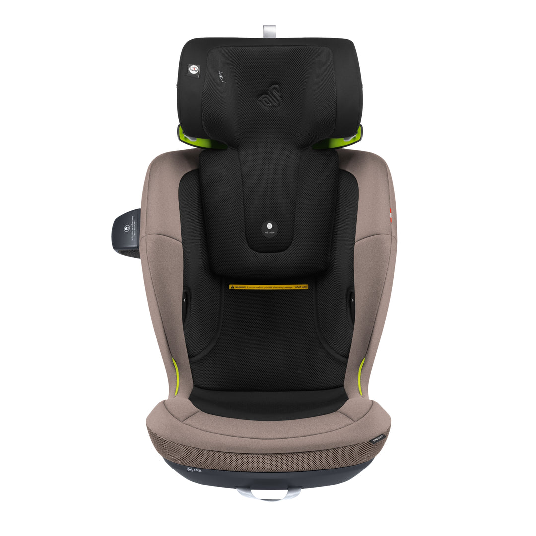 Swandoo Charlie i-Size child booster seat with extended adjustable headrest in Brilliant Brown and black.