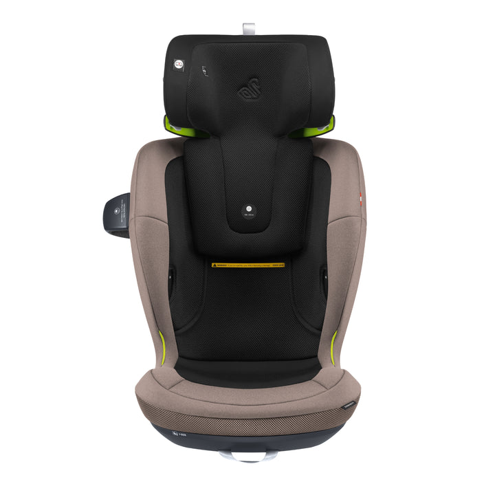 Swandoo Charlie i-Size child booster seat with extended adjustable headrest in Brilliant Brown and black.