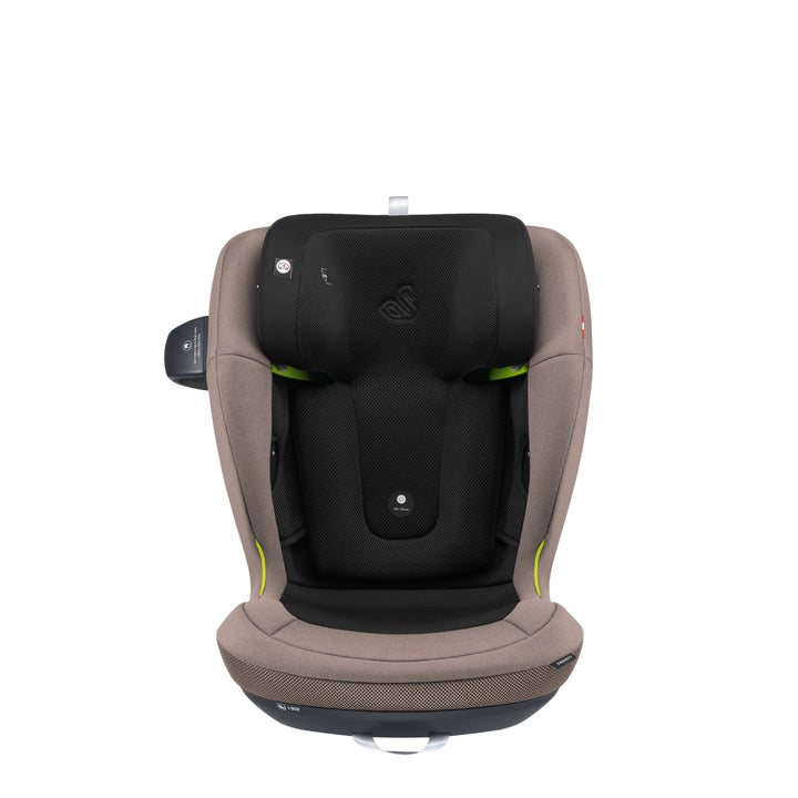 Front view of Swandoo Charlie i-Size child booster seat in Brilliant Brown with ergonomic safety design and padded support.