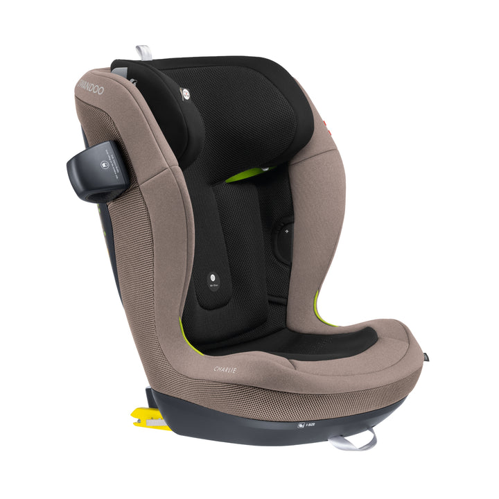 Swandoo Charlie i-Size child booster seat in Brilliant Brown featuring advanced safety technology and adjustable comfort support.
