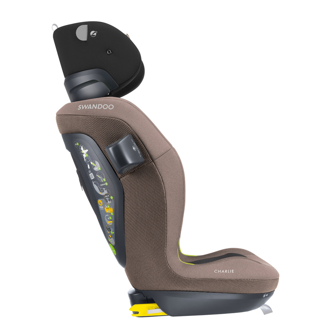 Side profile of Swandoo Charlie i-Size child booster seat with extended adjustable headrest in Brilliant Brown and black.