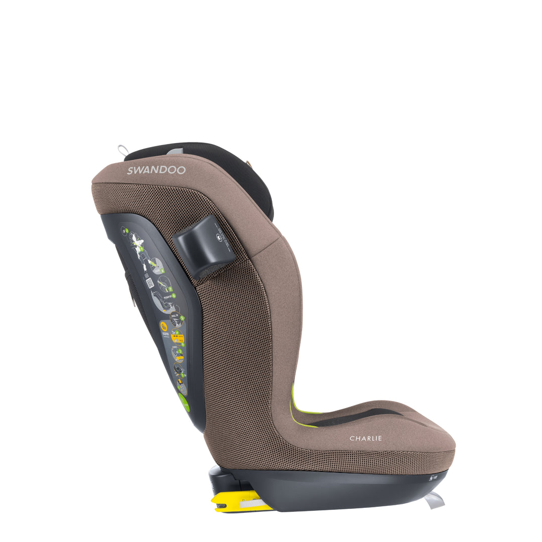 Side profile of Swandoo Charlie i-Size child booster seat in Brilliant Brown featuring integrated ISOFIX safety technology.