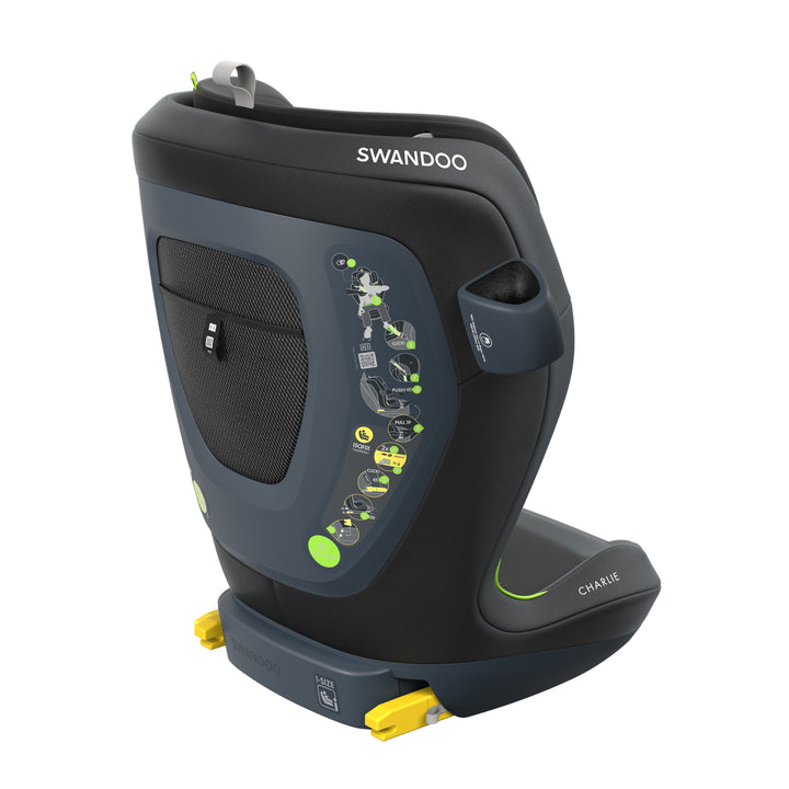 Swandoo Charlie i-Size booster car seat in Chia Black shown from rear angle on white background