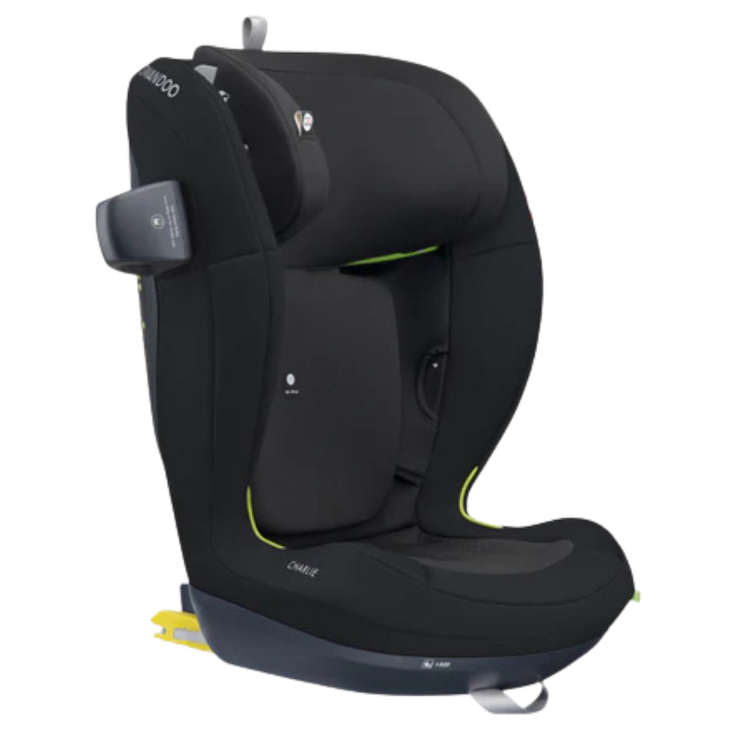 Swandoo Charlie i-Size child booster seat in Chia Black featuring advanced safety technology and adjustable comfort support.