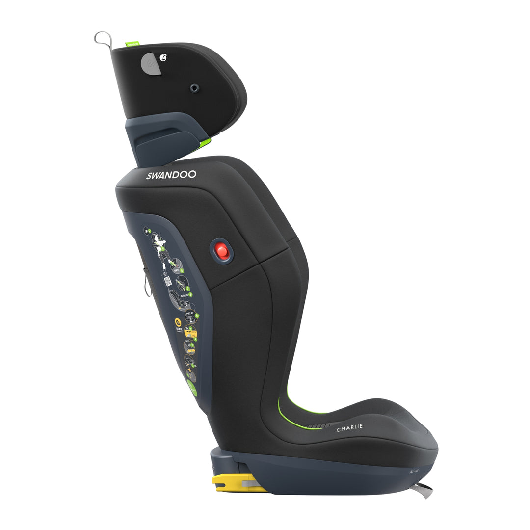 Side profile of Swandoo Charlie i-Size child booster seat in Chia Black featuring integrated ISOFIX safety technology.