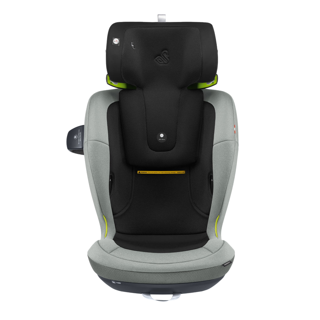 Swandoo Charlie i-Size child booster seat with extended adjustable headrest in Groovy Green and black.