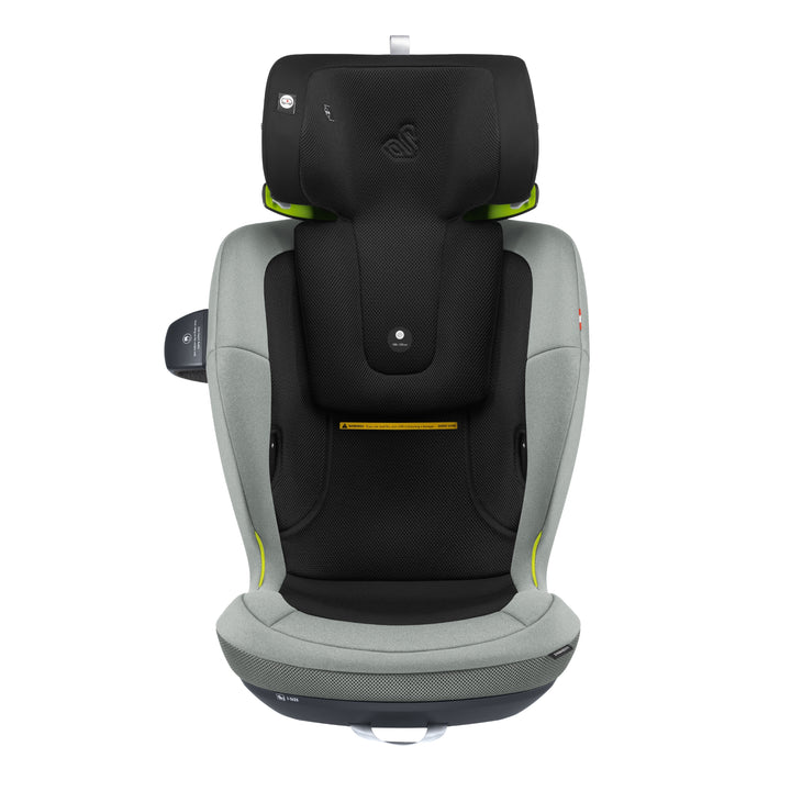 Swandoo Charlie i-Size child booster seat with extended adjustable headrest in Groovy Green and black.