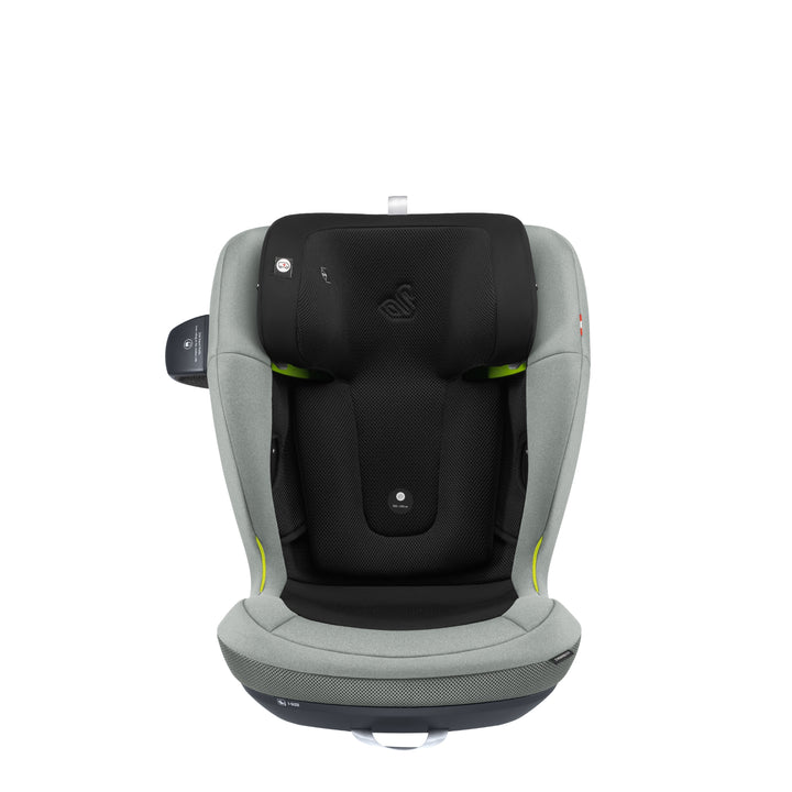 Front view of Swandoo Charlie i-Size child booster seat in Groovy Green with ergonomic safety design and padded support.