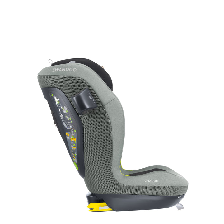 Side profile of Swandoo Charlie i-Size child booster seat in Groovy Green with integrated ISOFIX safety system.
