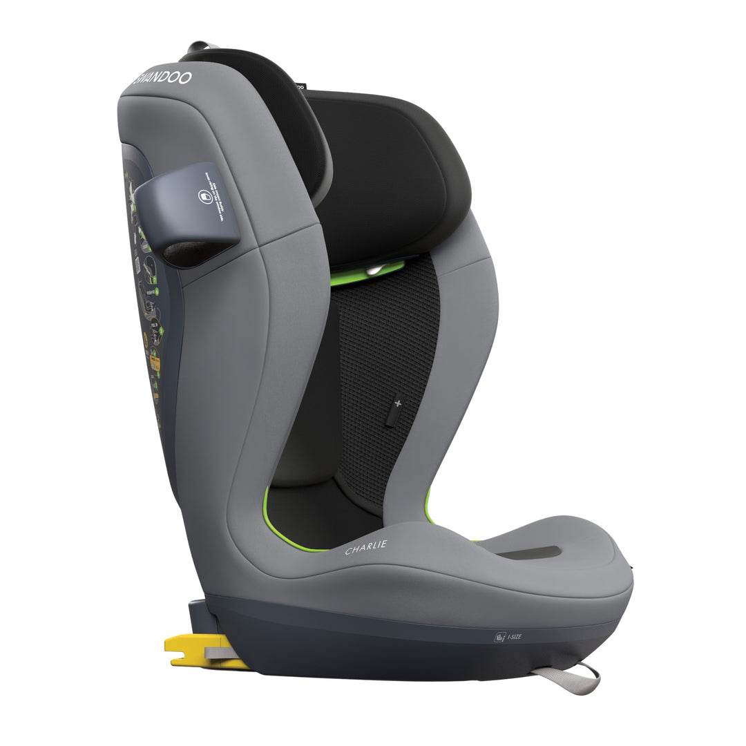 Swandoo Charlie i-Size booster car seat in Sesame Grey shown from side angle on white background