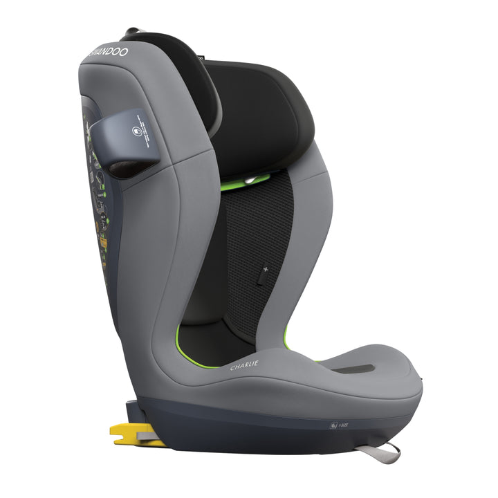 Swandoo Charlie i-Size booster car seat in Sesame Grey shown from side angle on white background
