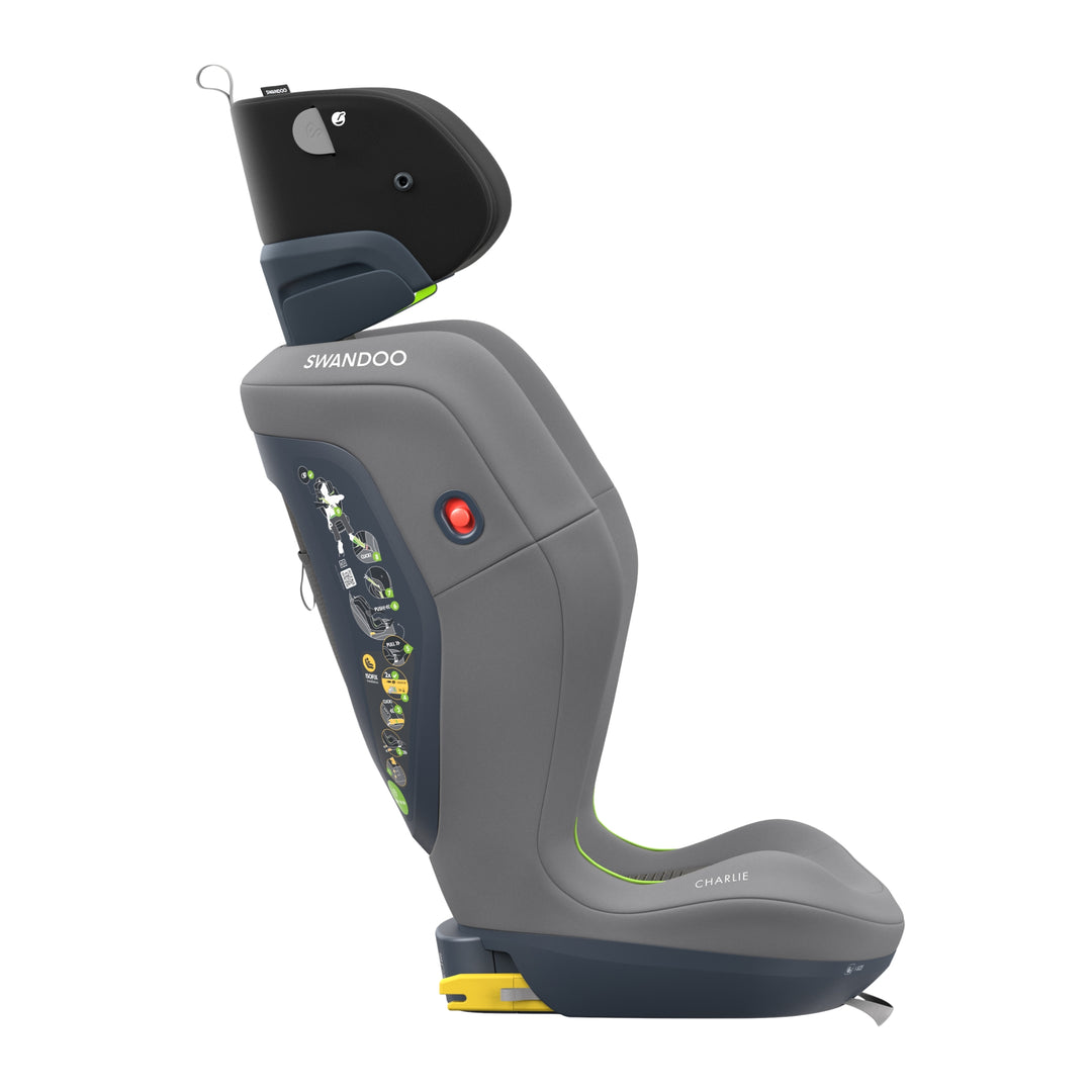 Swandoo Charlie i-Size booster car seat in Sesame Grey shown from side profile on white background
