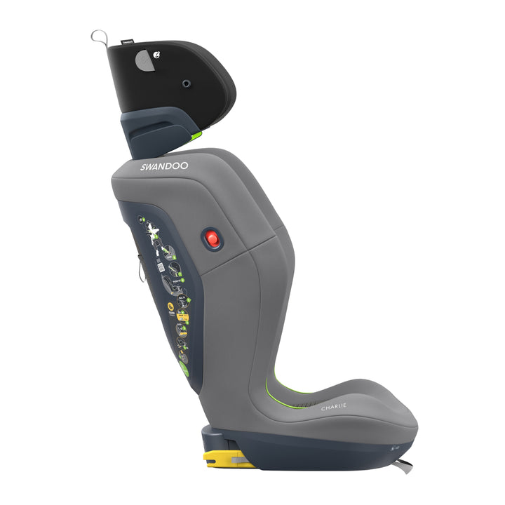 Swandoo Charlie i-Size booster car seat in Sesame Grey shown from side profile on white background